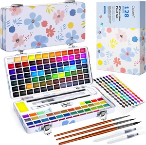 128 Colors Washable Watercolor Paint Set with 4 Brushes, Portable Travel Water C - Picture 1 of 8