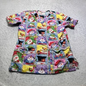 Cherokee Snowman Winter Snowflake Scrub Top Shirt Womens Size Extra Small XS - Picture 1 of 10