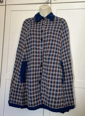 Vintage Knit Houndstooth 60’s cape Retro Mod Poncho Blue Brown - Image 1 of 4