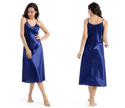 Vestido sin cordones completo de satén midi con correa para el cuello en V ropa para dormir camisón mujer imitación seda Foto 1 de 4