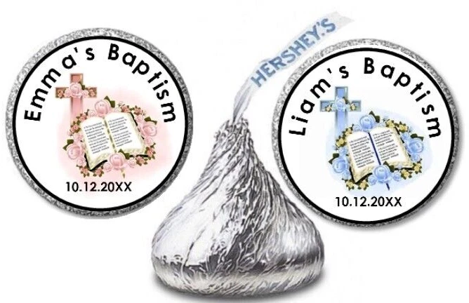216 Personalized BAPTISM or COMMUNION Bible Roses Kiss Candy Labels for Favors