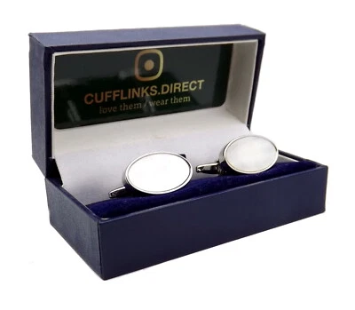 Madreperla Ovalada Blanca en Color Plata Ajuste Hombre Regalo - Gemelos Directos Foto 1 de 4