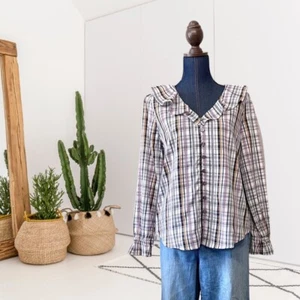LOFT Women’s M Long Bell Sleeve Plaid Button Down Blouse Ruffle V-Neck Top - Picture 1 of 11