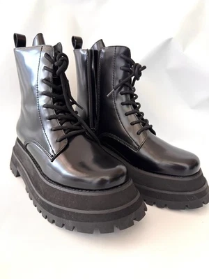 NWB Jeffrey Campbell $220 Mechanic Black Leather Platform Combat Boots Sz 39 8.5 - Image 1 of 4