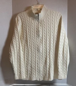 LL Bean Cable Knit Sweater2X Full ZipMock Neck Cotton Fisherman BeigeStaple24/11 - Picture 1 of 4