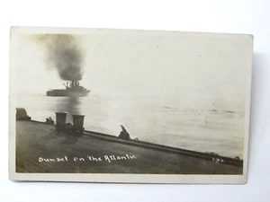 Ship Sunset on Atlantic Ocean Smoke Stack c1910 RPPC Postcard Antique - Picture 1 of 2