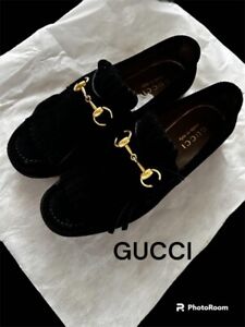 Authentic Gucci Horsebit fringe suede loafers dress shoes Black size ７ Men