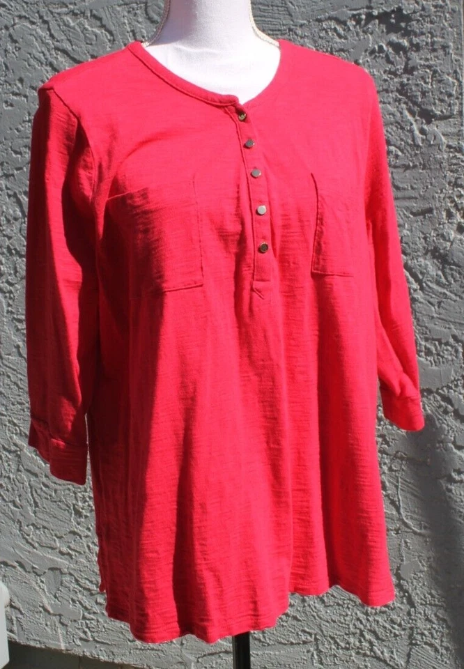 CHICO'S HOT PINK BLOUSE PETITE XL 3/4 SLEEVE BUTTON FRONT RELAX FITTED POCKETS - Image 1 of 4