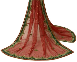 Sushila Vintage HEAVY Maroon Dupatta Blend Georgette Silk Hand Beaded Long Stole - Picture 1 of 11