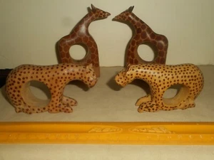 Vintage Hand Carved African Wooden Safari Animals Napkin Rings Holders Set of 4 - Picture 1 of 12