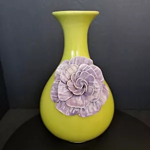 Anthropology Ceramic Avacado Green Vase With Applied Purple Bloom Flower - Picture 1 of 9