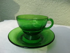 New Martinsville Glass Dark Green Moondrops Footed Cup and Saucer - Picture 1 of 9