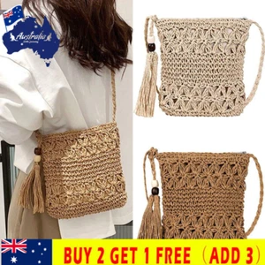 Summer Straw Crossbody Bag Women Lady Beach Woven Shoulder Handbag Purse Rattan - Picture 1 of 19