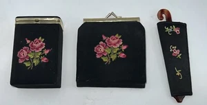 3 Pc VTG Fabric Petit Point Enbroidered Comb Case Wallet Purse, Cigarette Case - Picture 1 of 12