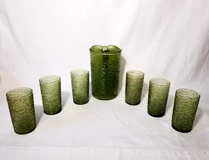 Vintage Anchor Hocking Soreno Avocado Green Pitcher & 6 Glasses Tumbler EC - Picture 1 of 12