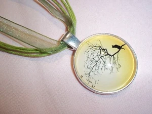 Round TREE and BLACK CAT Pendant on 17 Inch GREEN Ribbon Cord Necklace J-228 - Picture 1 of 3