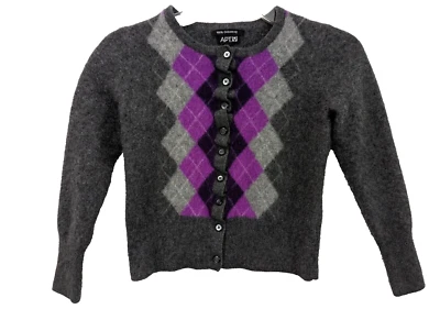 Cárdigan Suéter Argyle 100% Cachemira Niños Niñas Grande Púrpura Gris Volantes Botón Foto 1 de 4