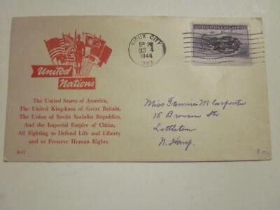Segunda Guerra Mundial Estados Unidos 1944 Sioux City Iowa a Littleton NH B-12 Patriótico NACIONES UNIDAS Foto 1 de 3