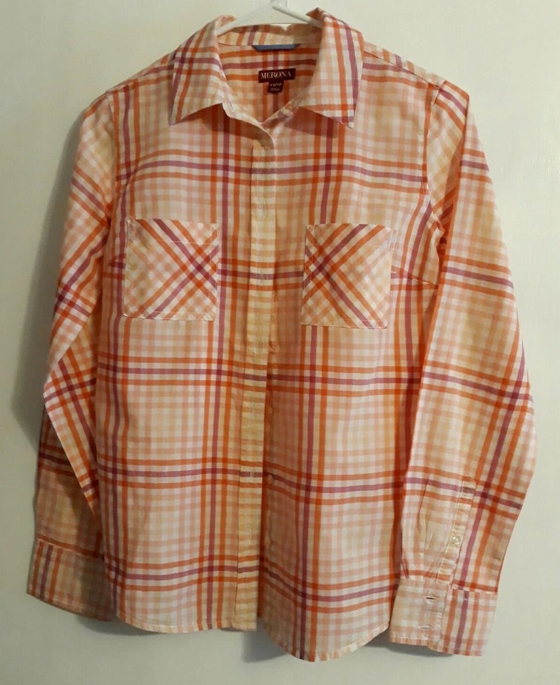 Camisa Mujer MERONA Talla XS/TP Manga Larga Rosa Cuadros 100% Algodón con 2 Bolsillos Foto 1 de 4