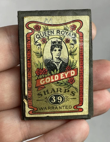 Vintage Advertising Paper NEEDLE PACKET - QUEEN ROYAL Gold Ey'D Sharps Needles Cover