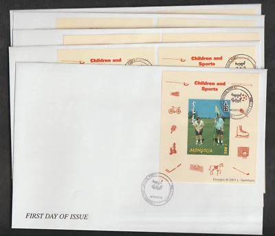 MONGOLIA 2001 children and sports 5 FDC covers Deluxe Mini sheets - Image 1 of 4