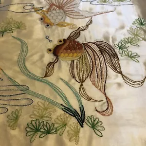 Vintage Koi Fish Ivory Embroidered Throw Pillow Cover Asian Oriental Feng Shui - Picture 1 of 12