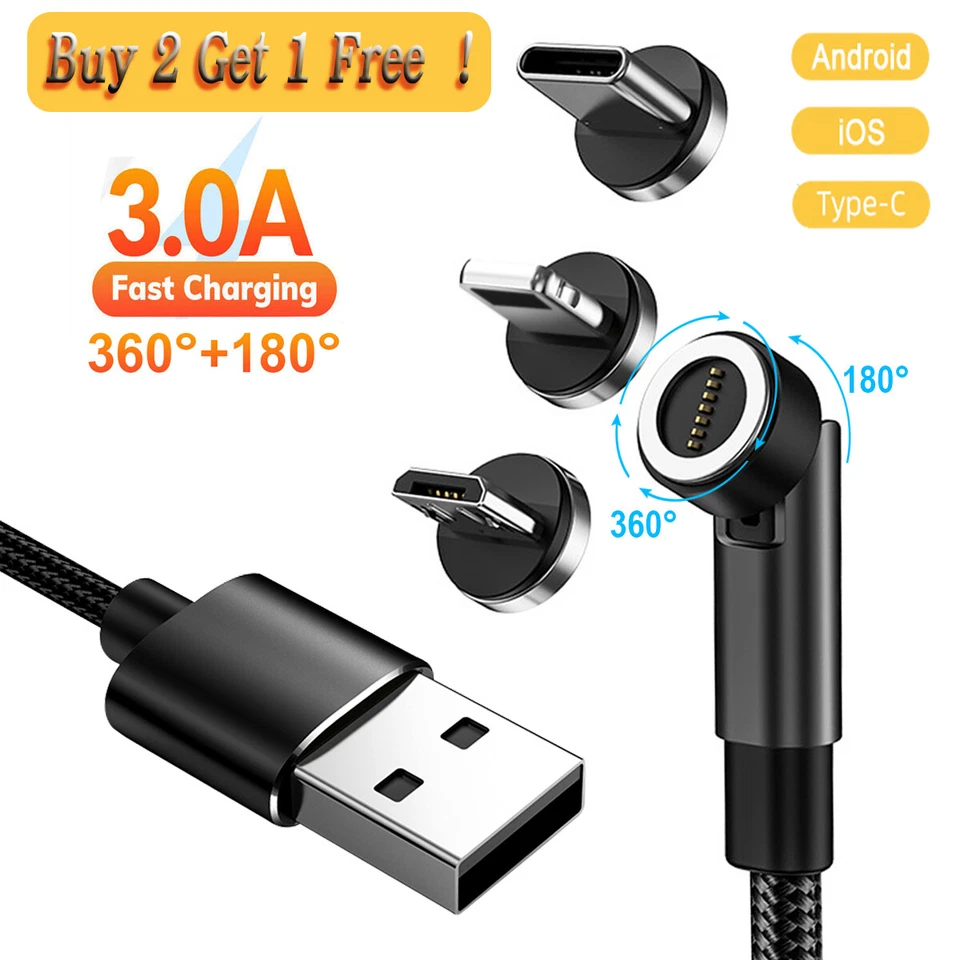 3 in 1 540° Rotate 3.0A Fast Charger Magnetic Cable for Type C Micro USB iPhone - Image 1 of 4