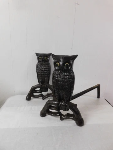 Vintage Cast Iron OWL Pair Andirons Fireplace Log Set Cover