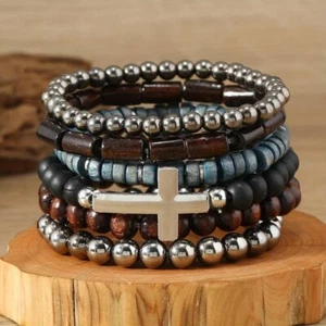 6pcs Set Mens Brown Silver Beaded Cross Christian Wristband Bangle Bracelet Gift - Picture 1 of 10
