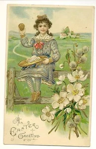 Gold Gilt Beautiful Girl Easter Eggs on Fence Postcard - Picture 1 of 1