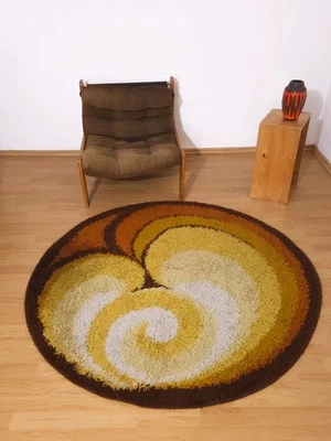 54" mid-century shag round Rug dralon wool yellow brown vintage 60s 70s Foto 1 de 4
