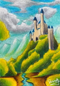 ACEO Colored Pencil Drawing Castle on Mountain Fantasy Landscape Fairy Tale Art - Picture 1 of 2