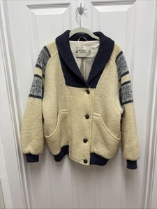 Vintage Alafoss Icewool Womens Button Beige Blue 100% Wool Jacket Sweater - Picture 1 of 13