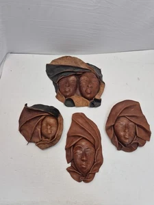 Menge 4 VINTAGE HANDGEFERTIGTE LEDERMASKE FRAU GESICHT SKULPTUR WAND H 6 bis 13" - Bild 1 von 8