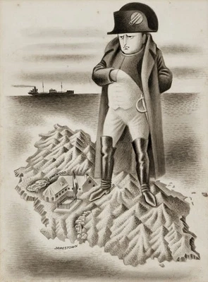 Miguel Covarrubias Map of St. Helena with Napoleon – Historical Cartoon Print - Imagem 1 de 2