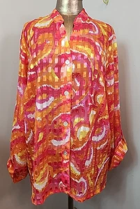 Ruby Rd Sheer Orange & Pink Geometric Top Womens 18W Chest 50 V-Neck 211-35593 - Picture 1 of 6