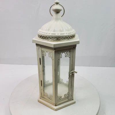 Vintage Lantern French Country Metal Glass Off White Painted 14.5x6.5 Inch - Image 1 of 4