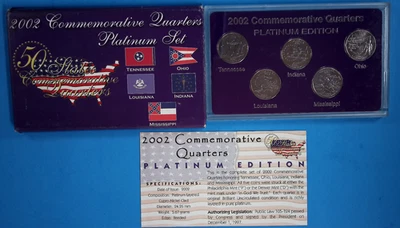 2002 Commemorative Quarters Platinum Set 5-Coins TN OH LA IN MS - Image 1 of 4