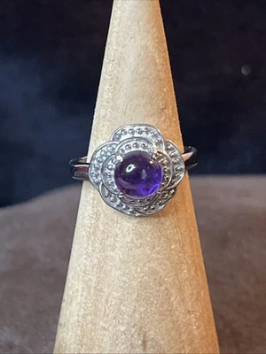 Anillo de acero inoxidable puro floral amatista africana talla 6 Foto 1 de 4