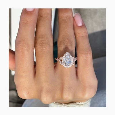 Women Diamond Ring Pear Halo VS1 F 2.4 Ct IGI Certified Labcreated 18K Pink Gold - Image 1 of 4