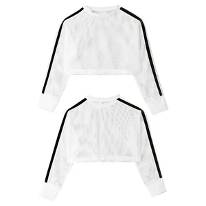 Kids Crop Top Pullover Girls Hip Hop Mesh Jazz Long Sleeve Gym Sports Tee - Picture 1 of 41