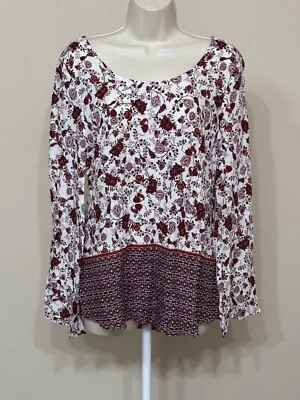 Blusa para mujer Faded Glory blanca y roja con estampado floral cuello redondo manga acampanada S  Foto 1 de 4