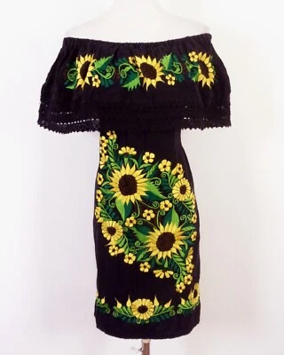 vintage 60s 70s ReTrO Hippie Boho Embroidered SUNFLOWERS Dress Sun Banana Girl S - Image 1 of 4