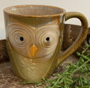 Gibson Home Stoneware Olive Green Yellow Owl Daisy Coffee Tea Cup Mug 14 Oz - Picture 1 of 7