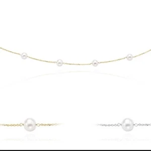 14K Gold 6.5mm Pearl Station By The Yard Cuban Necklace (Hollow) 16"-18" - Picture 1 of 13