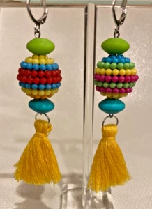 Cute Colorful Beaded Tassel Drop Earrings, NEW - Pink, Green, Yellow, Blue - Picture 1 of 6