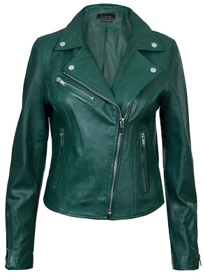 Ladies Leather Jacket Classic Biker Style Green Real Leather Womens Jacket - Image 1 of 4