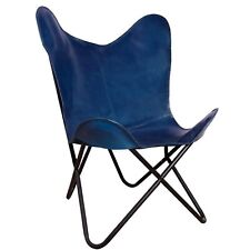 Handmade Retro Antique Blue leather Butterfly Chair blue with folding Iron frame