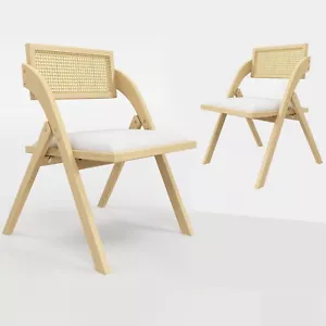 Folding Dining Chairs Set of 2 Foldable Wood Kitchen Chairs Padded Cushion Beige - Picture 1 of 7
