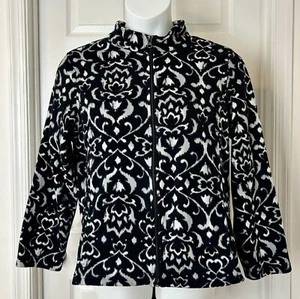 Basic Editions Full-Zip Fleece Jacket Womens Large Black Gray Pattern Mock Neck - Picture 1 of 17